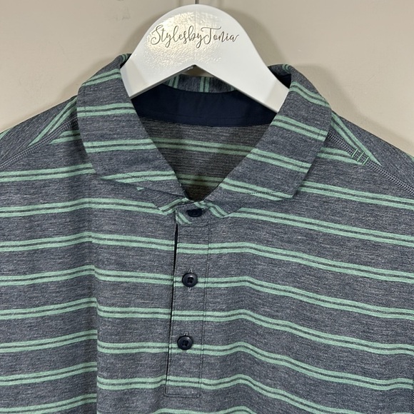Lululemon Propel Luxtreme Polo Shirt Mens XL Wicking Green Gray Striped - Picture 2 of 8